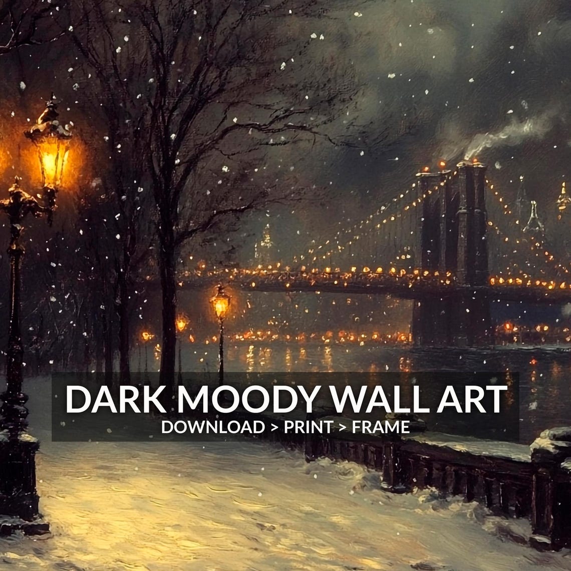 Snowy Park Path Vintage Lamppost Brooklyn Bridge Night Poster - Image 6