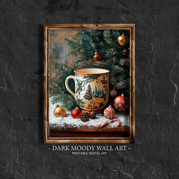 Christmas Coffee Mug Print Christmas Candy Kitchen Wall Art Vintage Christmas Art Moody Christmas Dark Academia Decor