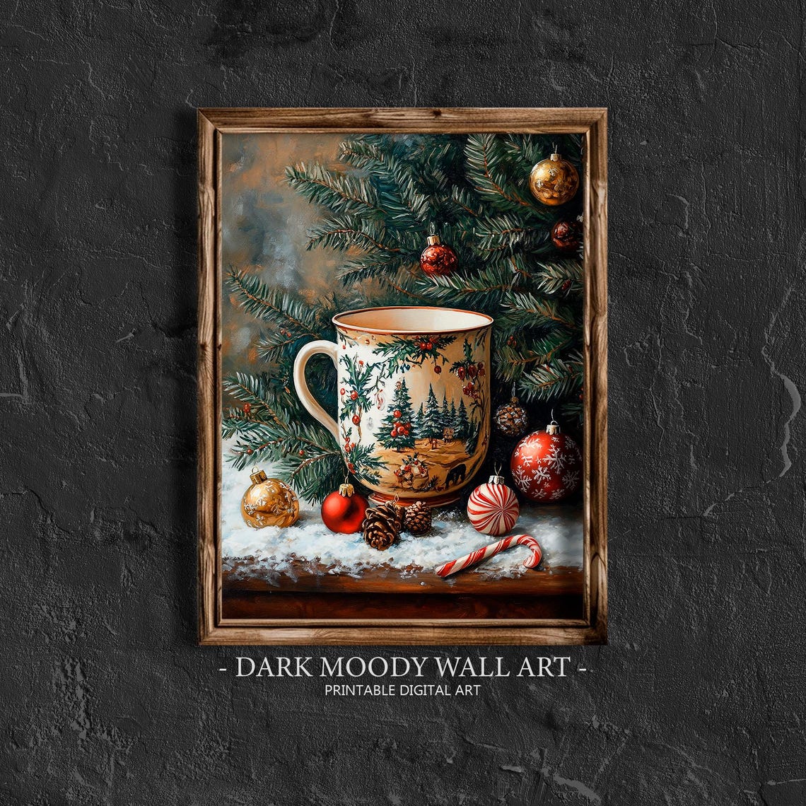 Christmas Mug With Ornaments and Candy Cane on Snowy Sill Wall Art