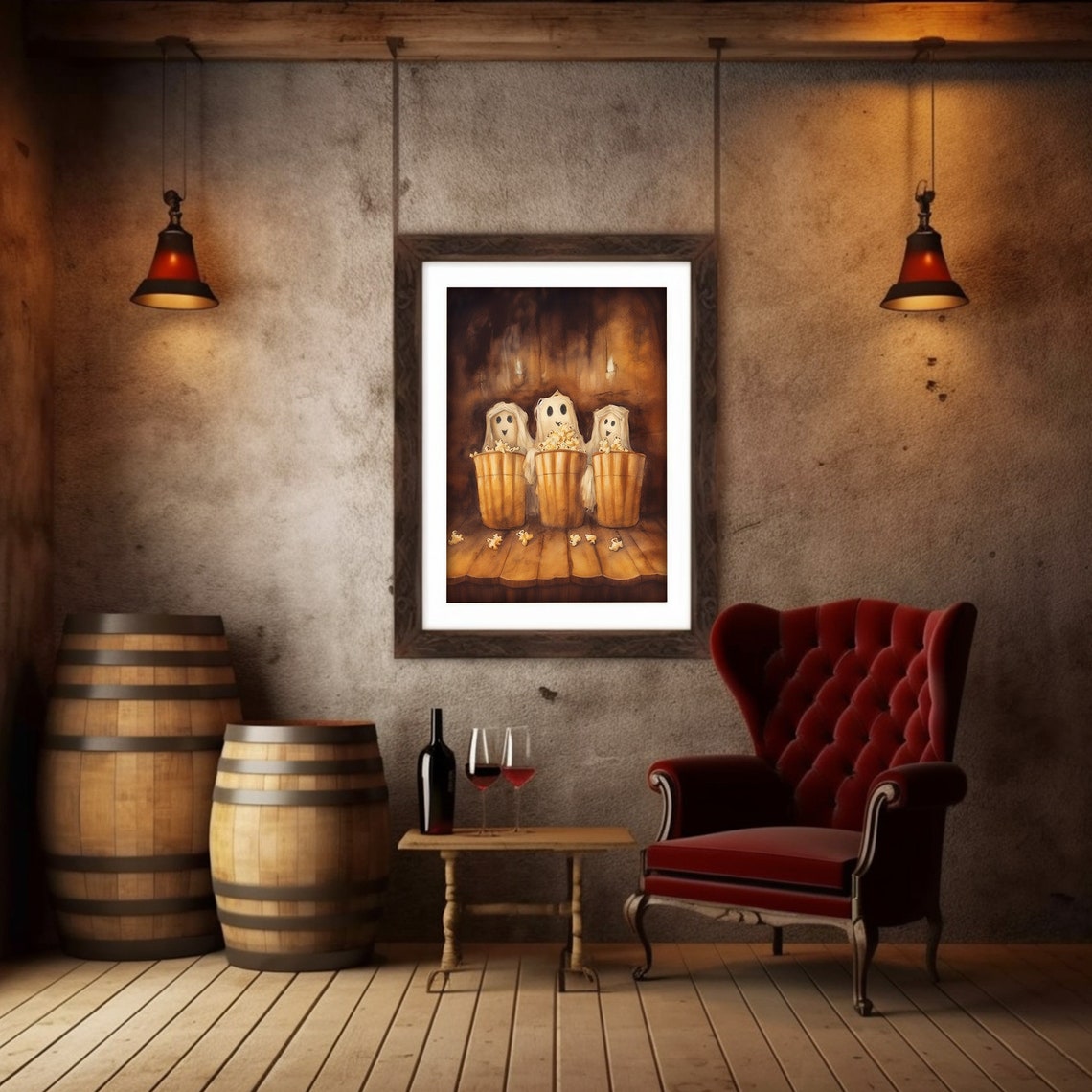 Cute Ghost Print Moody Haunted Halloween Art Gothic Ghost Eating Popcorn Painting Decor - Image 5