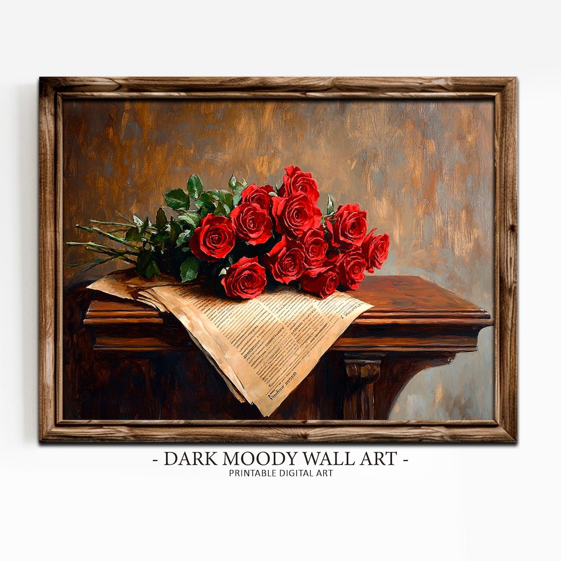 Red Roses Bouquet on Vintage Newspaper Moody Still Life Poster