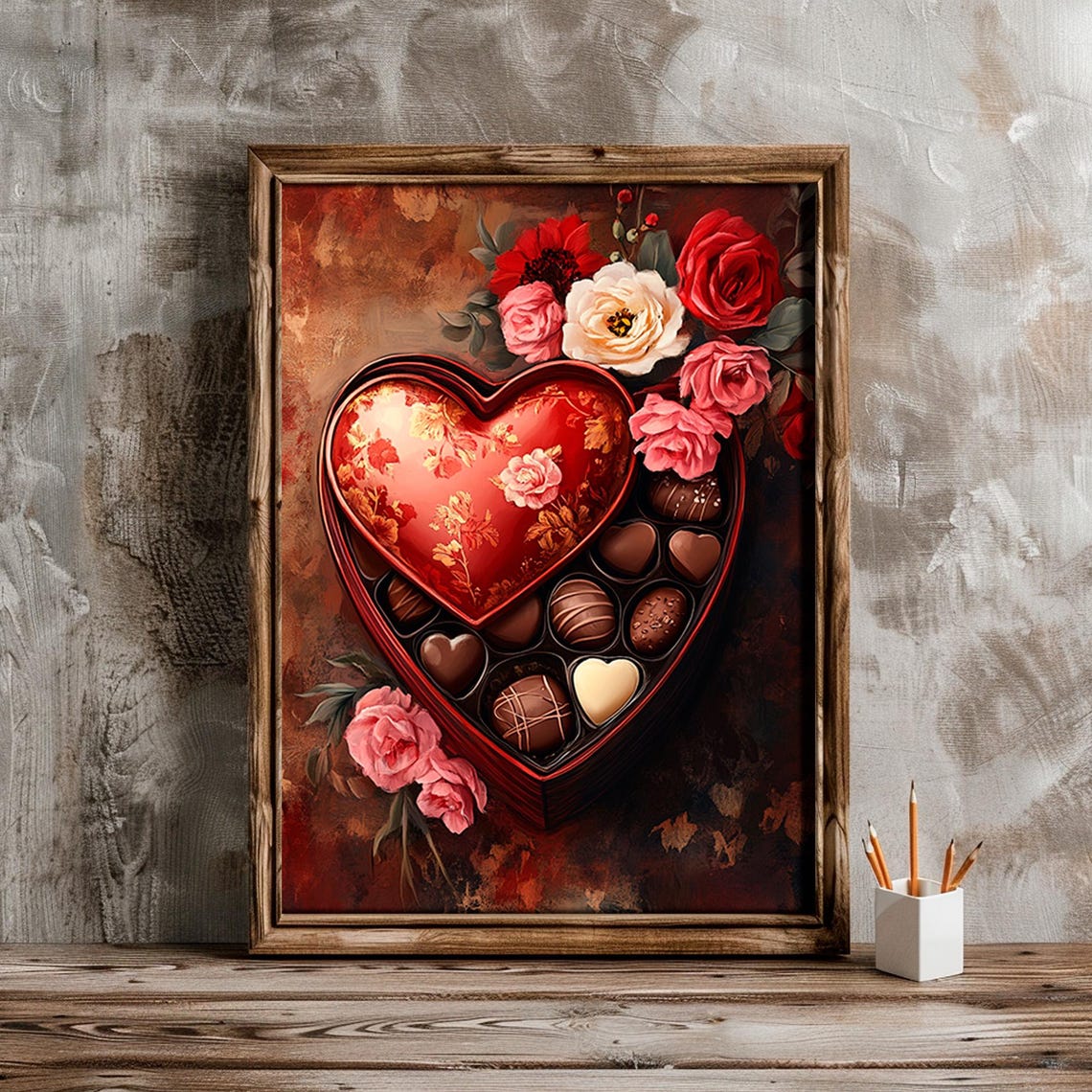 Red Heart Shaped Tin Of Chocolates Among Roses Valentines Day Wall Art - Image 4