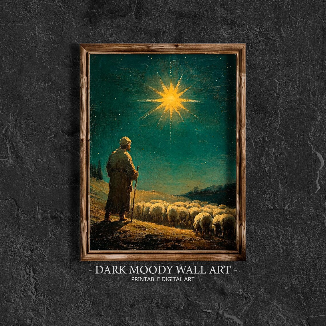 Shepherd And Flock Under Bright Christmas Star Night Sky Wall Art
