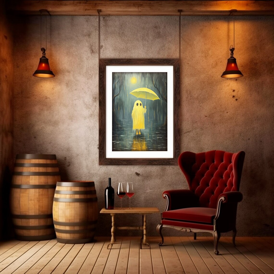 Cute Ghost With Yellow Umbrella in Rainy Forest Moonlight Halloween Painting Poster - Image 2