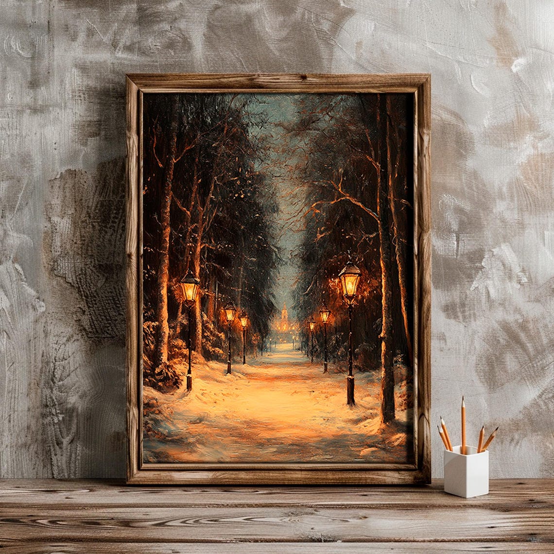 Snowy Lamplit Park Avenue Winter Night Vintage Painting Poster - Image 2
