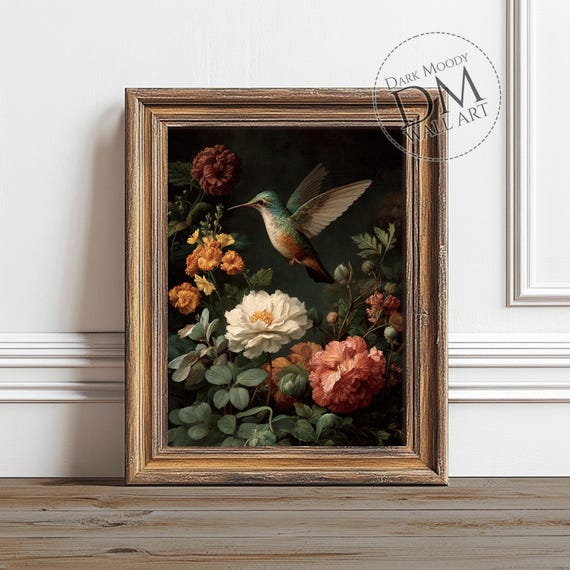 Hummingbird And Flowers, Moody Botanical Still Life