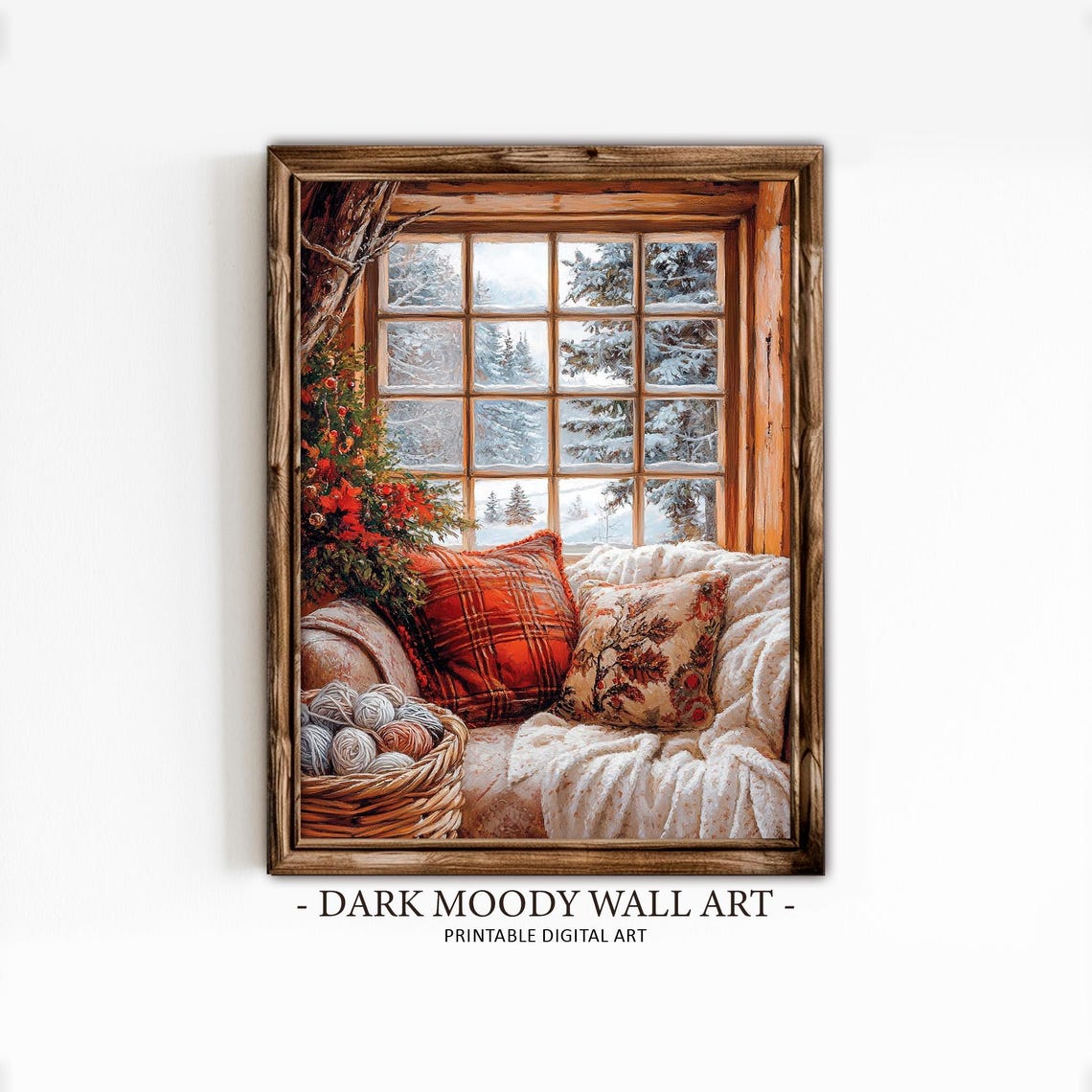 Winter Window Nook Knitting Yarn Plaid Pillows Cozy Scene Poster - Image 6