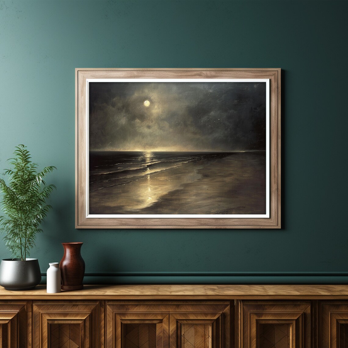 Moody Sea Calm Beach Moonlight Seascape Art Print - Image 6