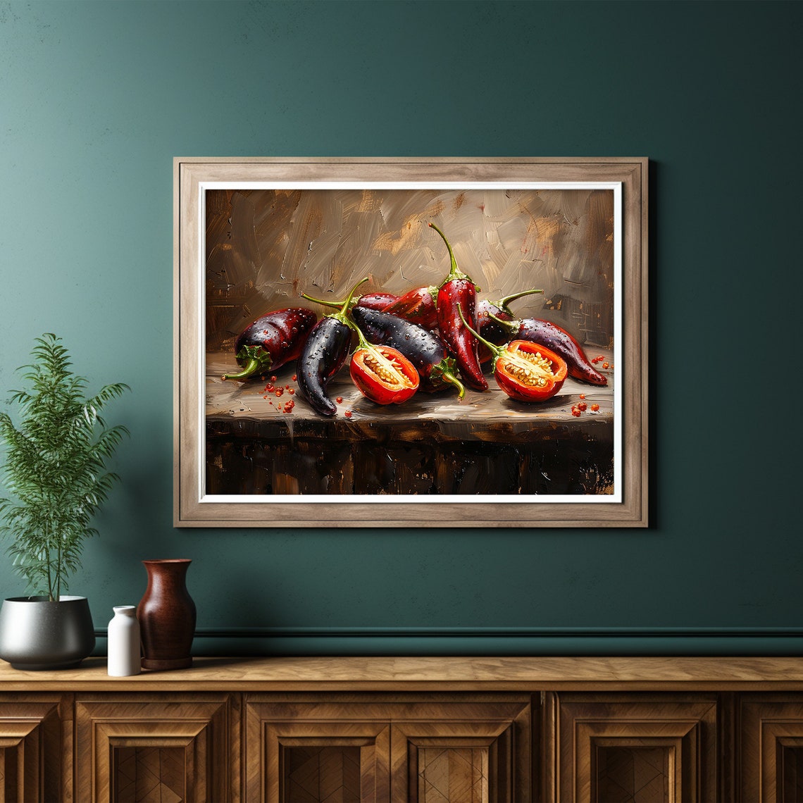 Chilli Pepper Painting Dark Moody Art Kitchen Still Life Print Wall Art - Image 6