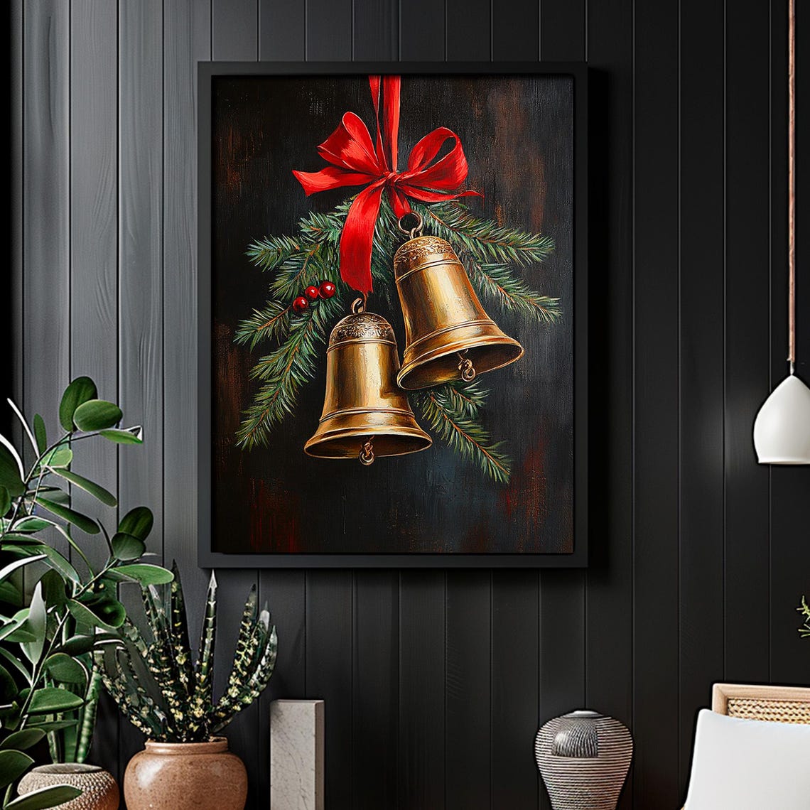 Gold Christmas Bells With Red Bow Pine Berries Dark Moody Wall Art - Image 2
