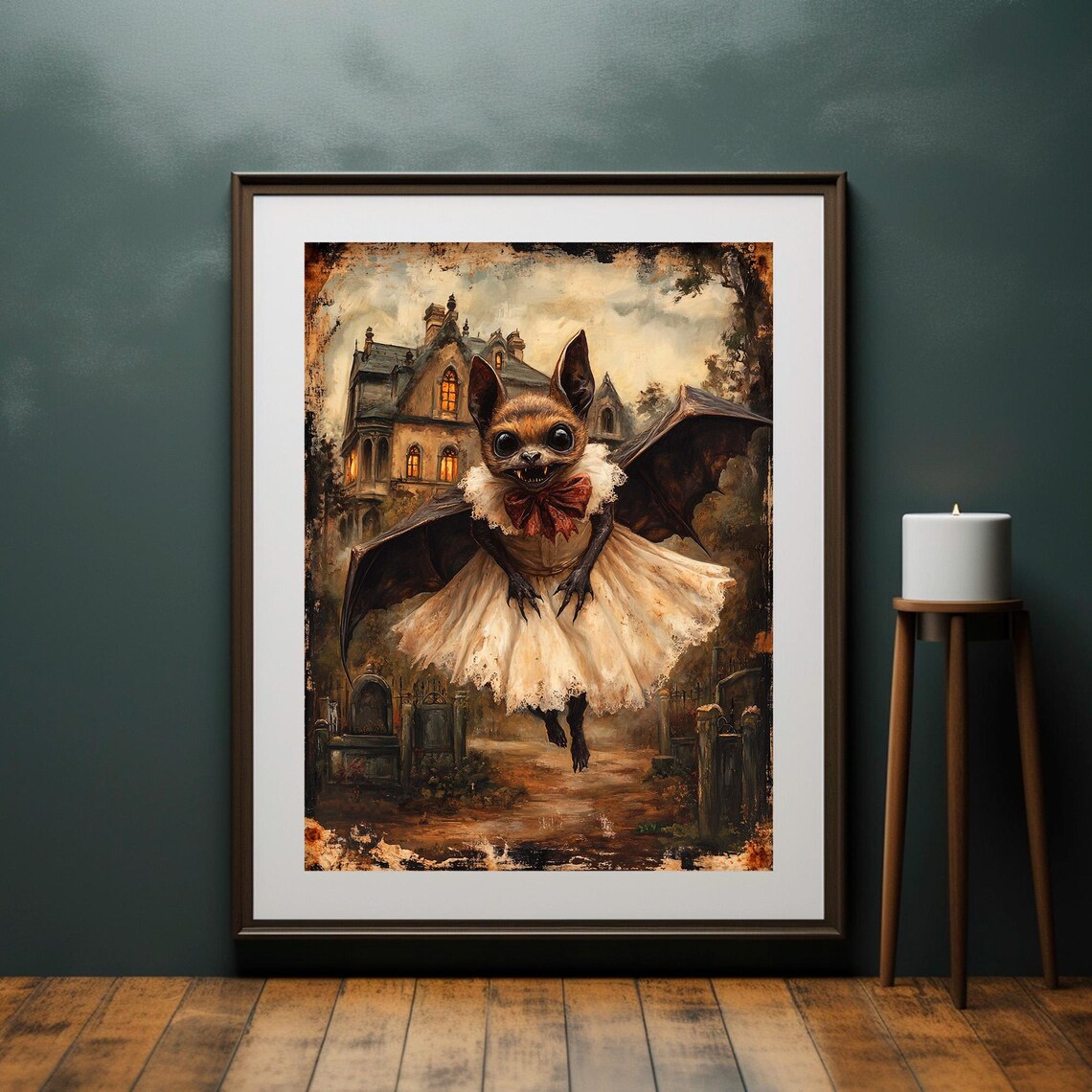 Whimsical Bat in White Dress With Red Bow Haunted House Halloween Poster - Image 2