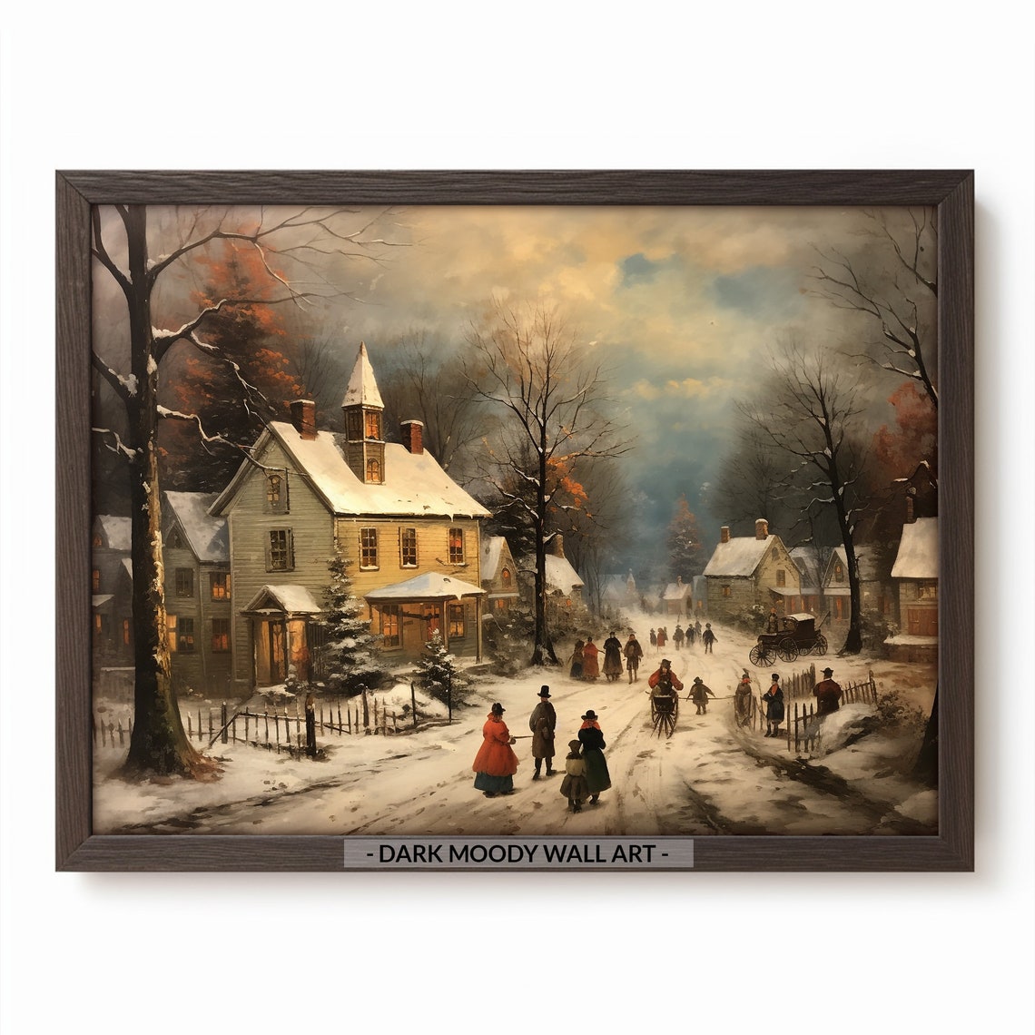 Snowy Christmas Village Street Carolers Vintage Winter Poster