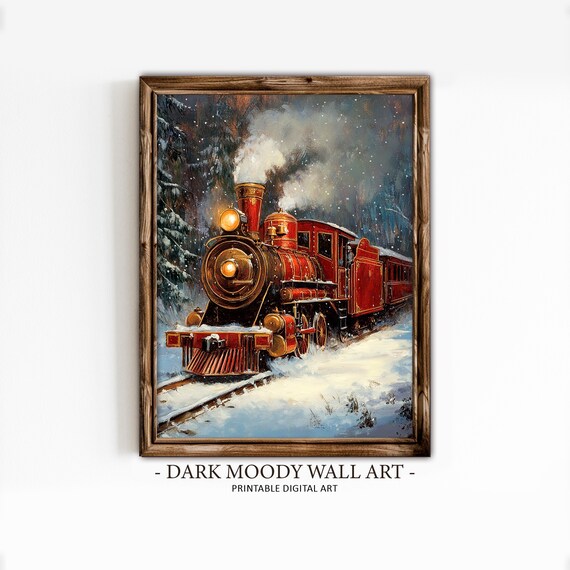 Christmas Train Vintage Art Print, Winter Forest