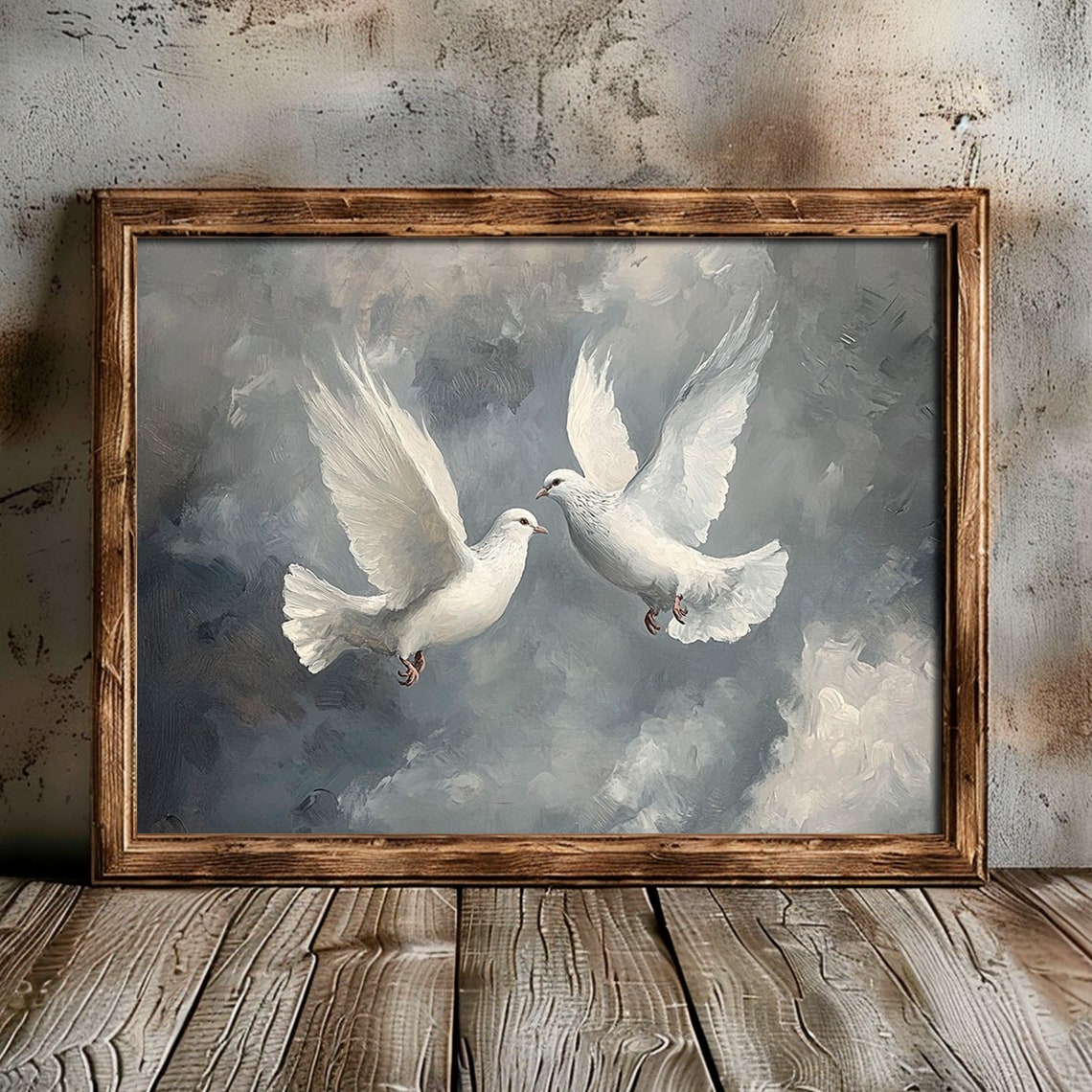 Two White Doves in Flight Stormy Sky Symbol of Love and Peace Poster - Image 4