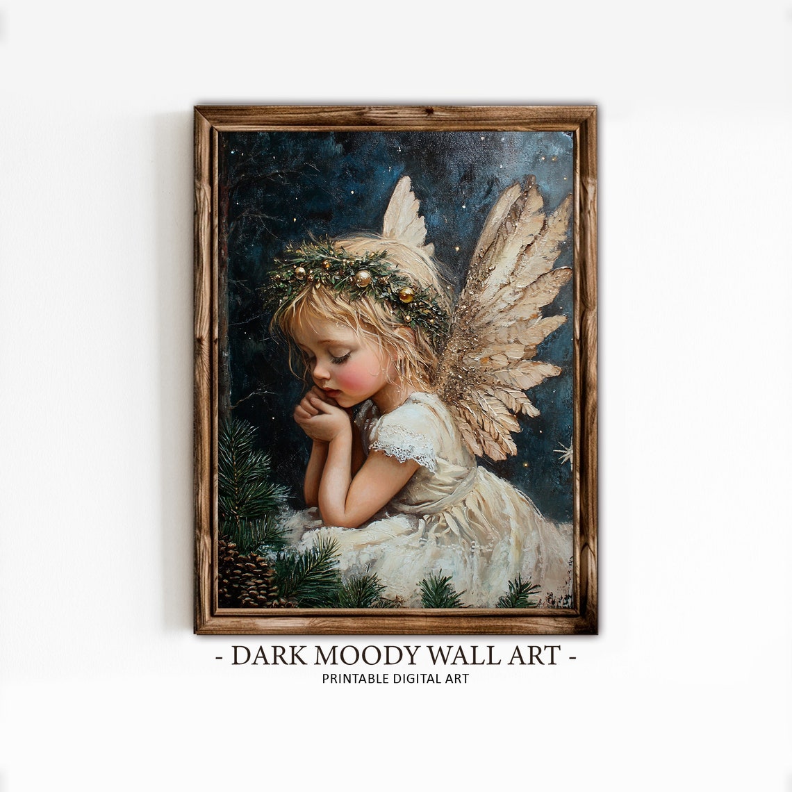 Praying Angel Child Pine Boughs Starry Night Painting Poster