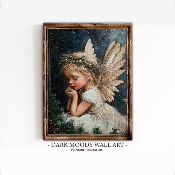 Vintage Christmas Angel Painting Christmas Wall Art Dark Academia Decor Moody Cottagecore Print Victorian Farmhouse Wall Decor