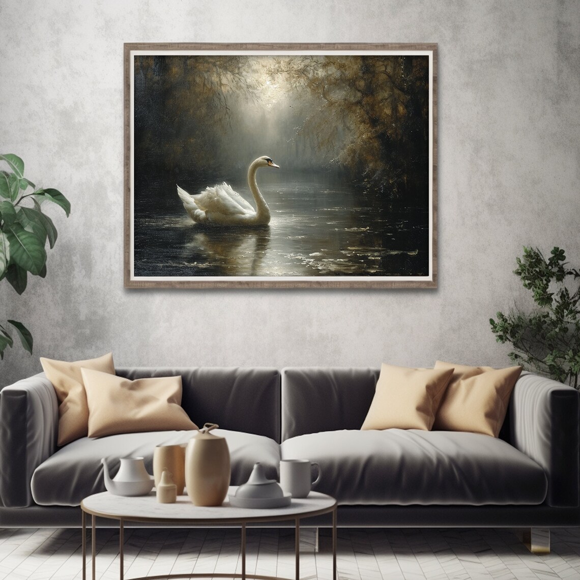 White Swan Art Print, Moody Rustic Landscape - Image 2