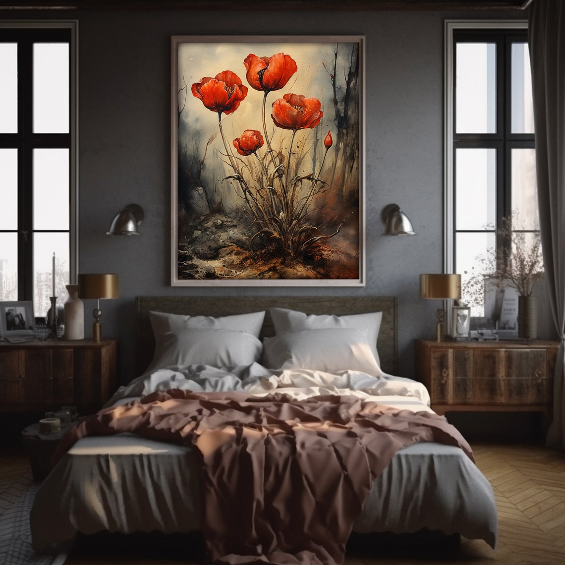 Soft Red Poppies in the Mist Watercolor Floral Landscape Poster - Image 3