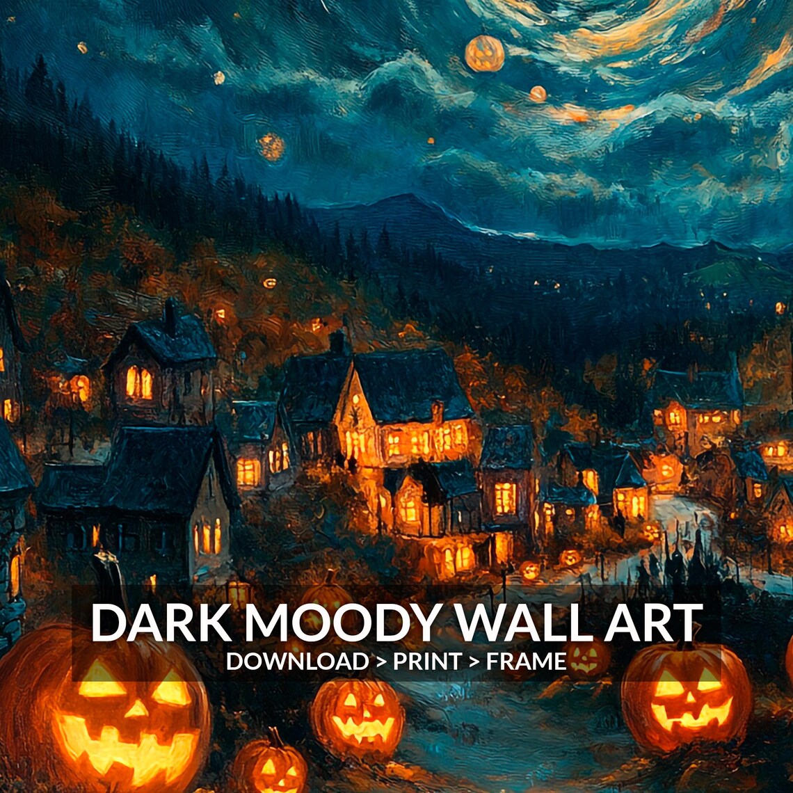 Halloween Village With Glowing Jack-o-Lanterns Under Swirling Night Sky Poster - Image 6
