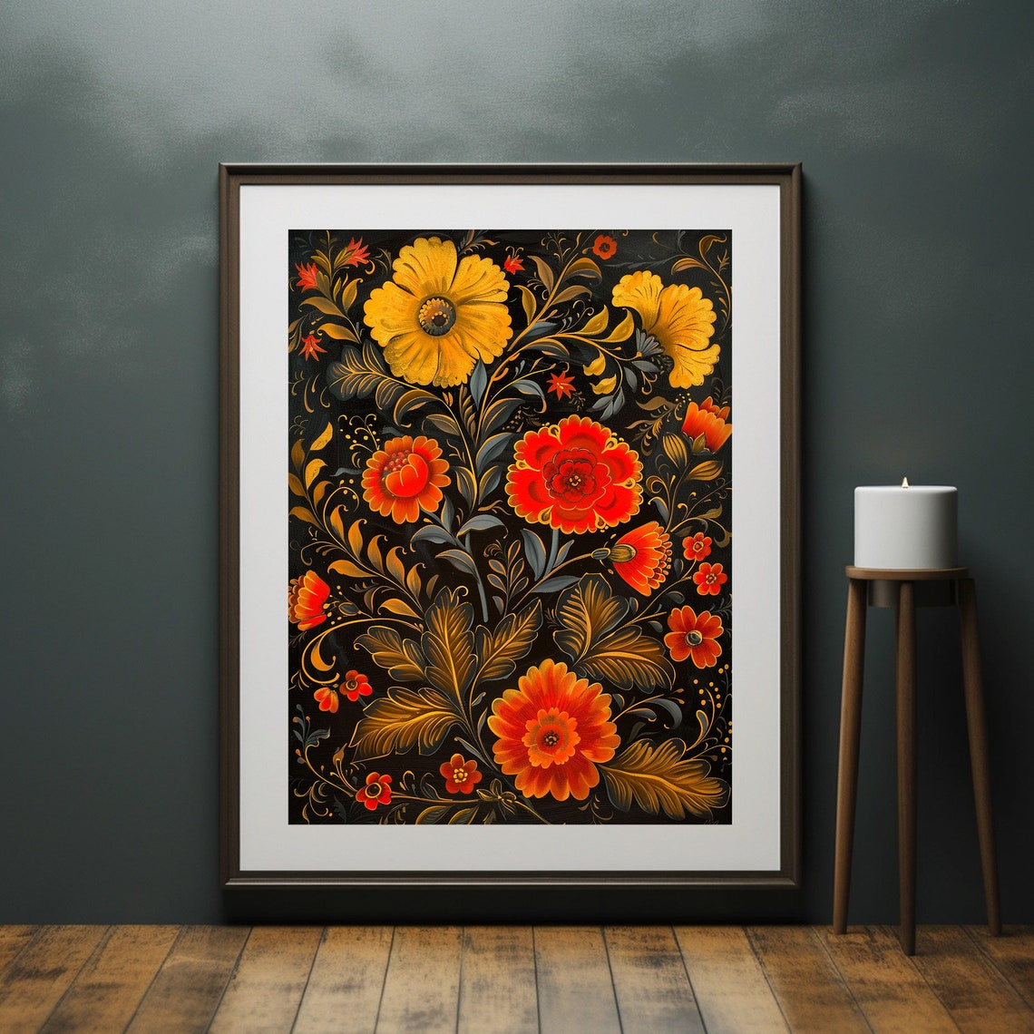 Russian Khokhloma Folk Floral Pattern Black Gold Art Decor Poster - Image 6