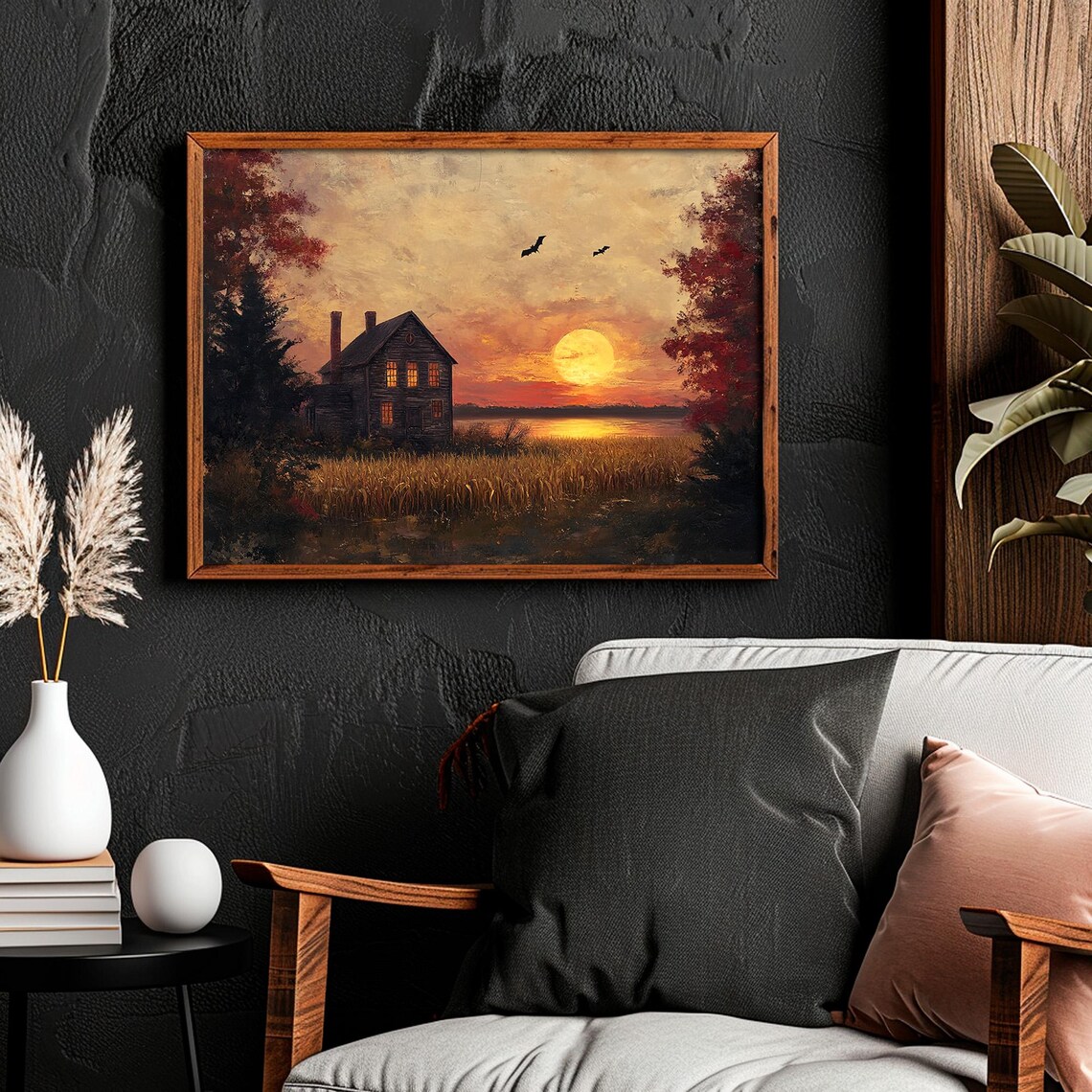 Halloween Haunted House Red Sunset Bats Lake Spooky Moody Painting Poster - Image 2