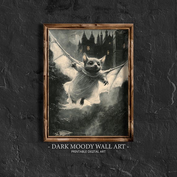 Cute Bat Ghost Painting Vintage Halloween Wall Art Dark Cottagecore Print Victorian Dark Academia Decor Gothic Vampire Art