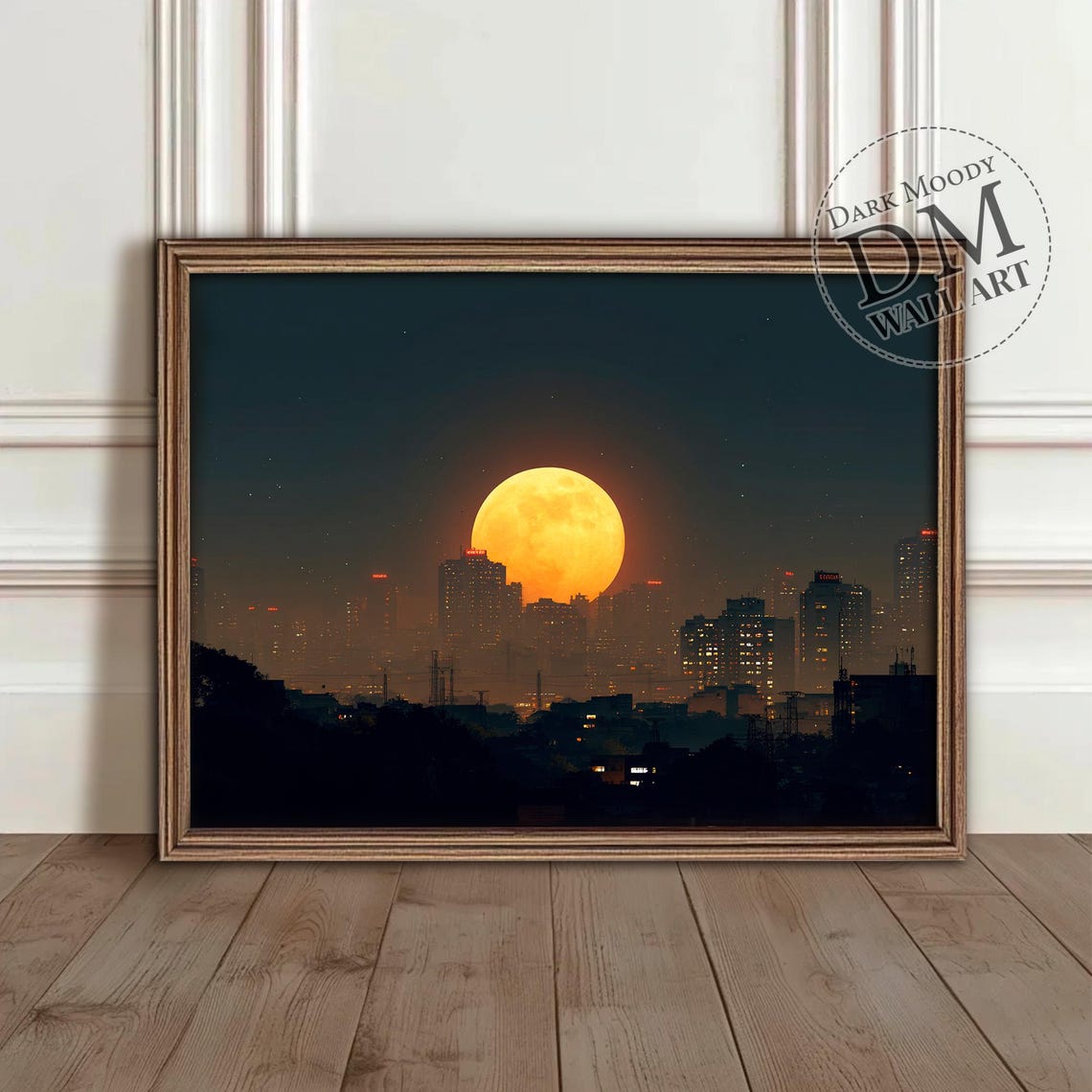 Full Moon Rising Over City Skyline Moody Night Urban Wall Art