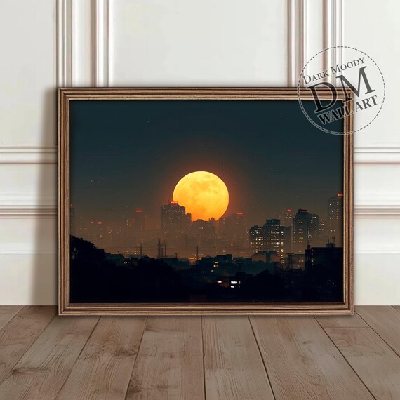 City Skyline Moon Wall Art Moody Urban Night Print
