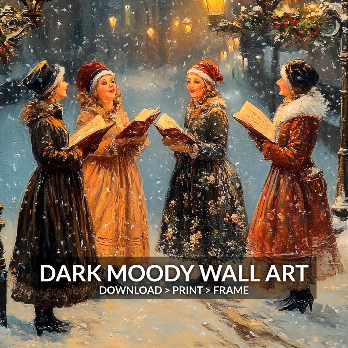Women Caroling Under Lampposts Snowy Night Christmas Wall Art - Image 6