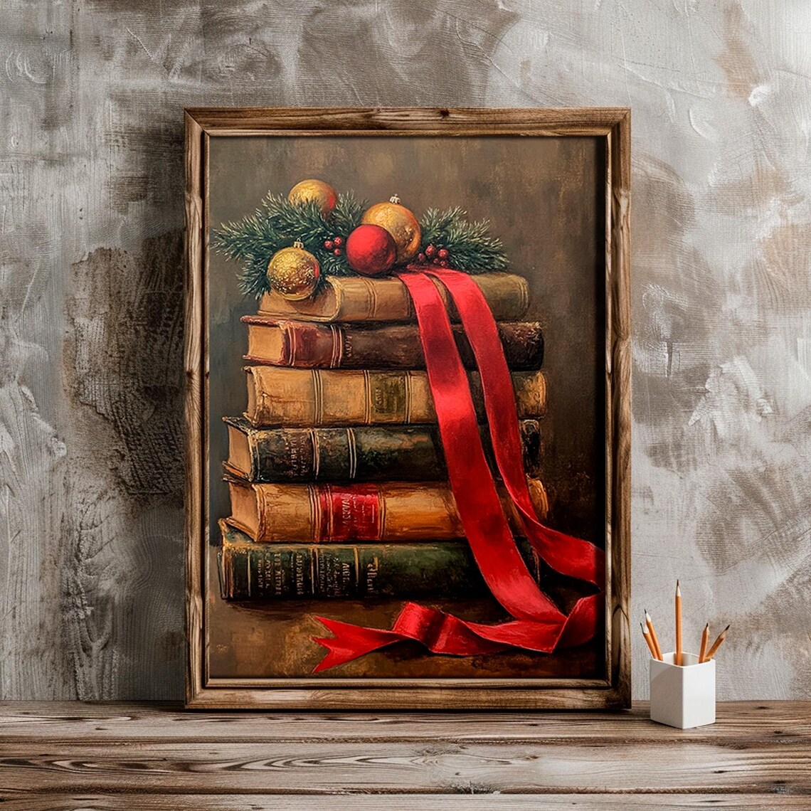Vintage Books Red Ribbon Christmas Ornaments Pine Still Life Poster - Image 2