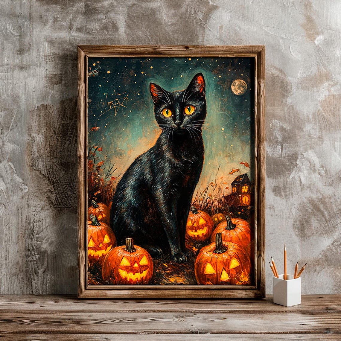 Black Cat And Jack O Lanterns Moonlit Night Halloween Wall Art - Image 6