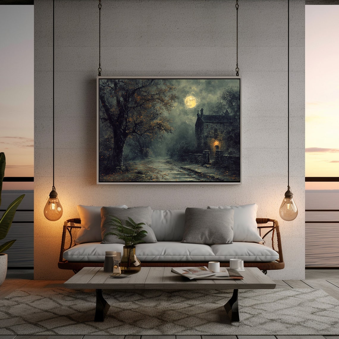 Dark Moody Landscape Village Print Dark Cottagecore Print Rustic Wall Decor - Image 2