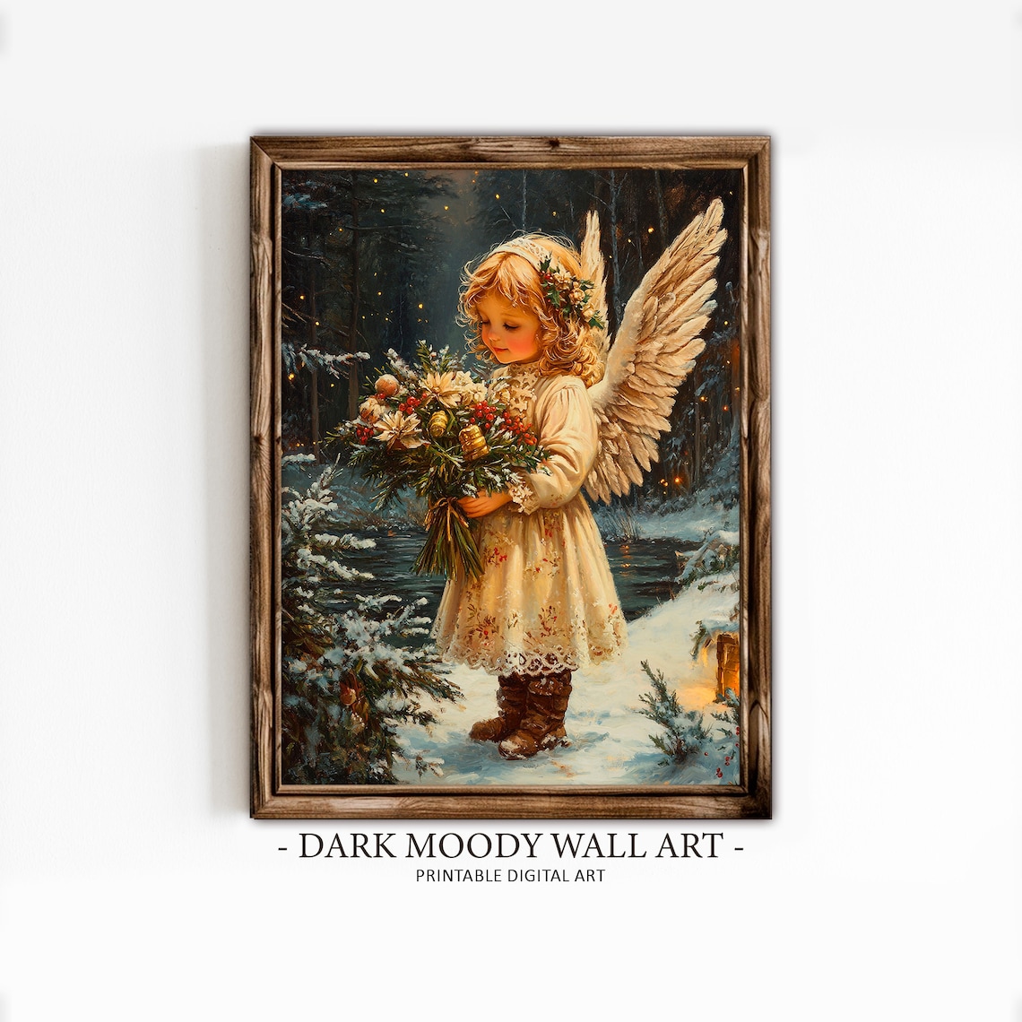 Angel Girl Holding Christmas Bouquet Snowy Forest Painting Poster