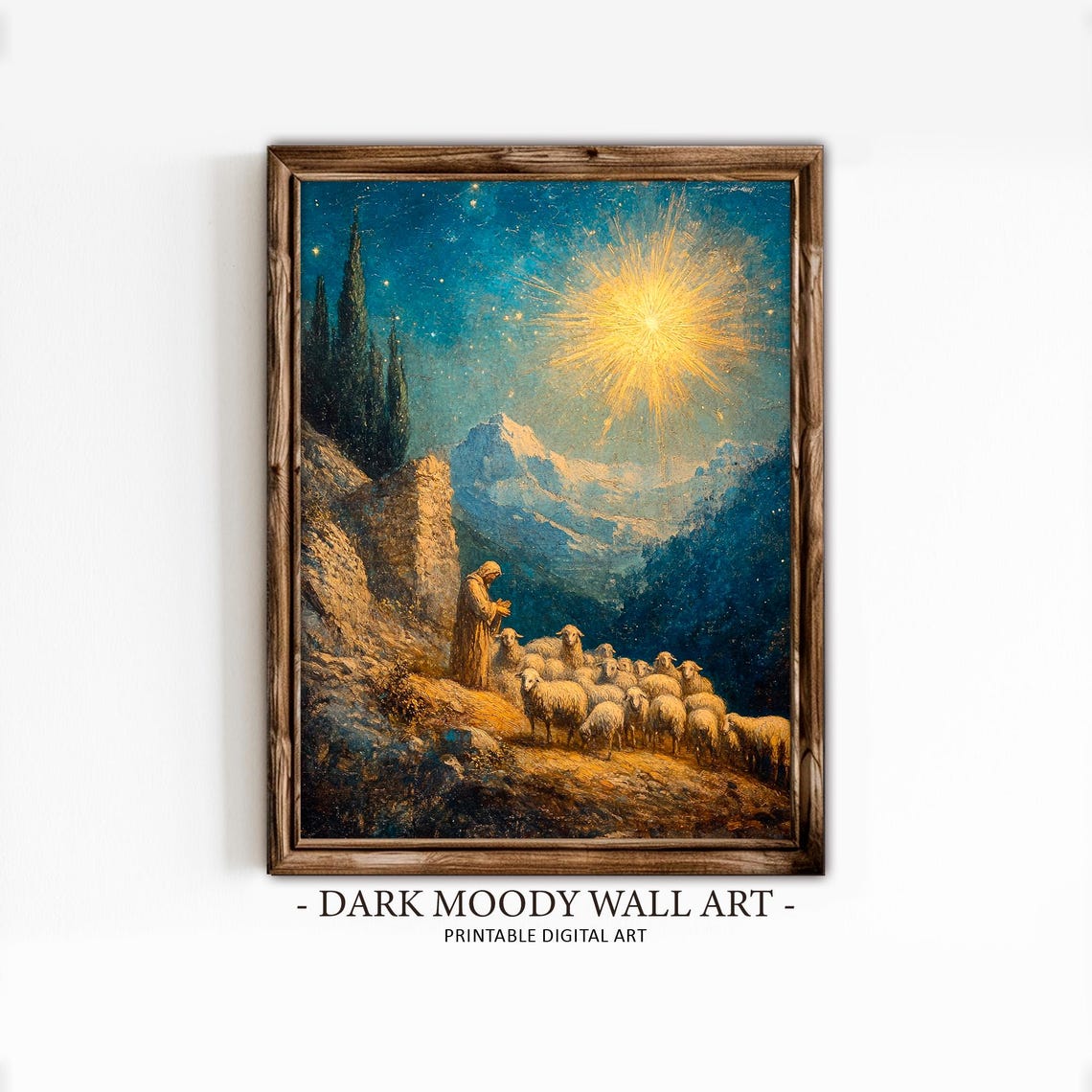 Shepherd With Sheep Under Blazing Star Rocky Hillside Night Wall Art