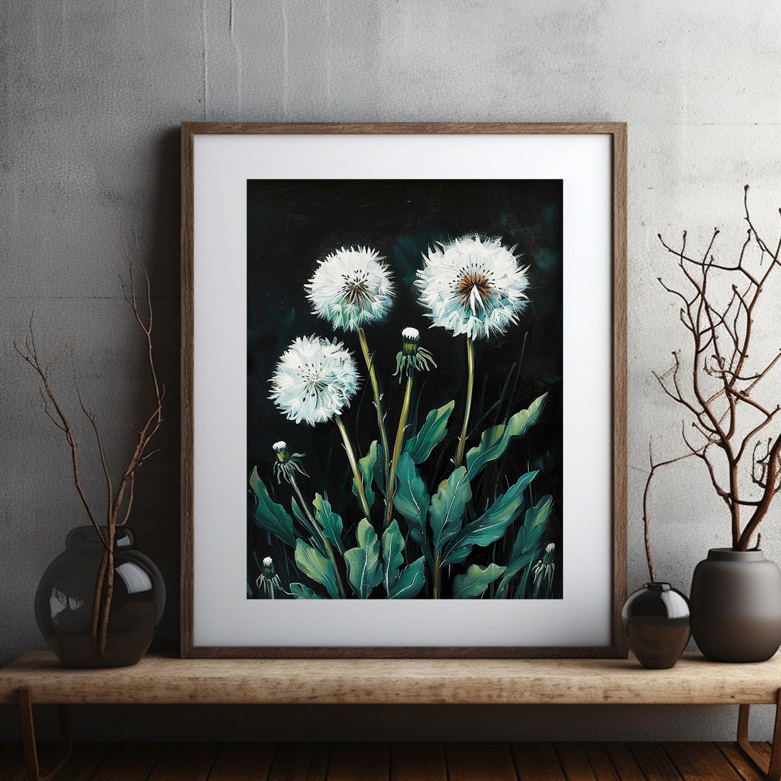 Dandelion Seed Heads Dark Green Night Botanical Artwork Poster - Image 2