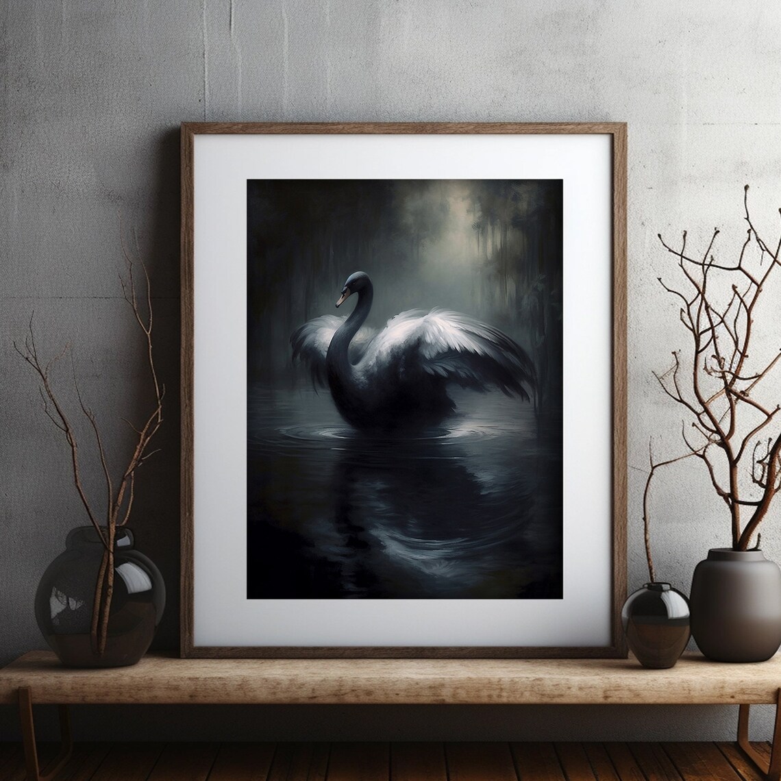 Black Swan with Spread Wings on Dark Water Moody Wildlife Art Poster - Image 6