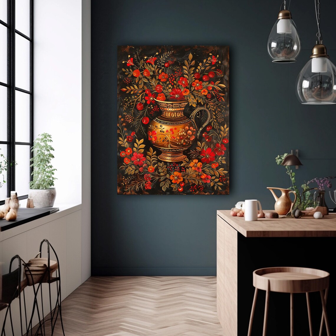 Khokhloma Floral Vase Russian Folk Art Red Gold Painting Poster - Image 6