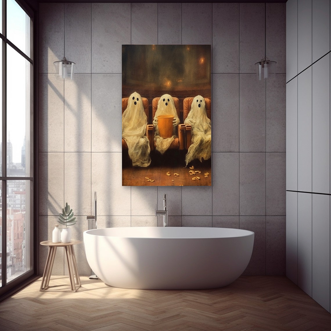 Cute Ghost Print Moody Haunted Halloween Art Gothic Ghosts Watching Movie Painting Decor - Image 2