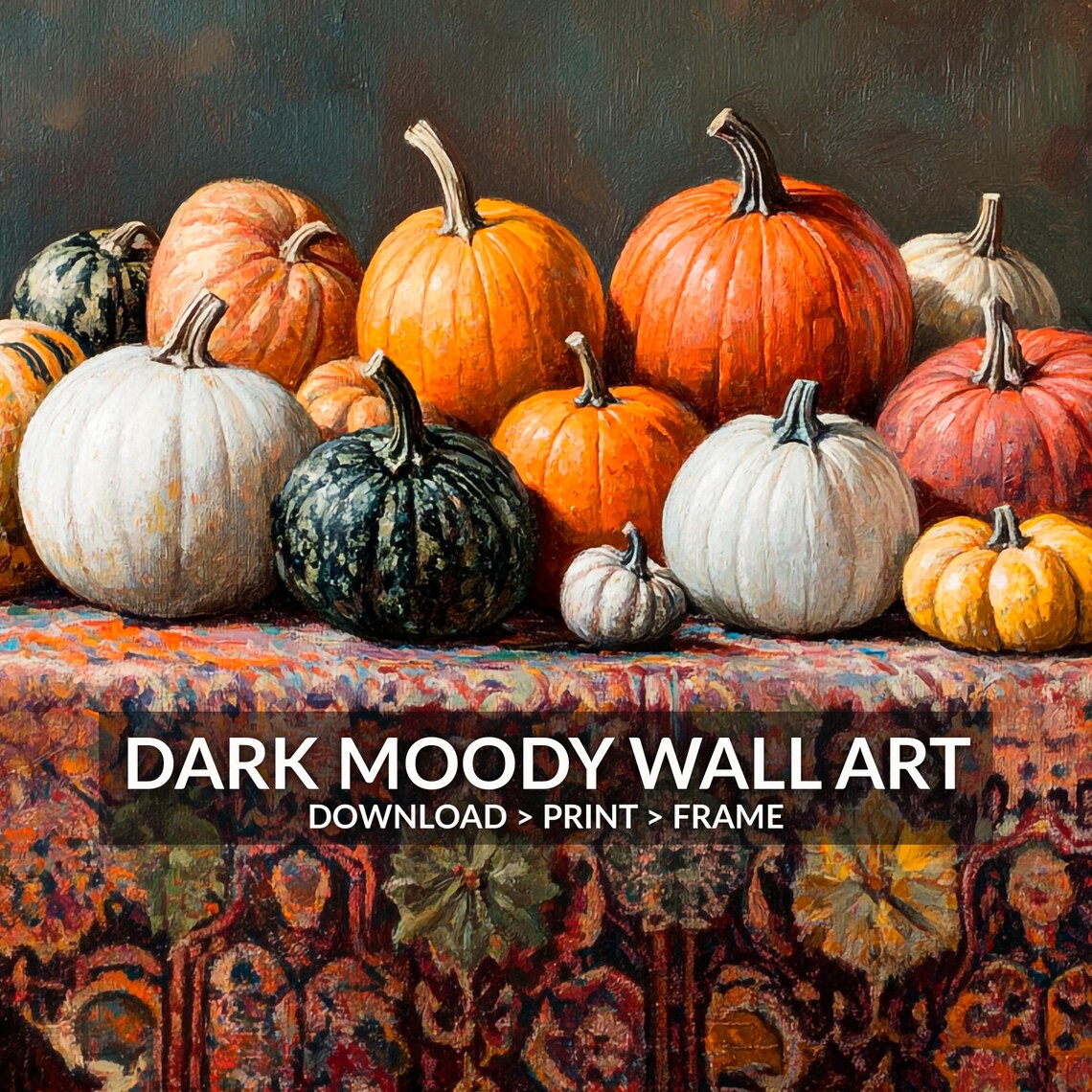 Pumpkin Harvest Still Life With Colorful Gourds Rustic Autumn Oil Painting Poster - Image 2