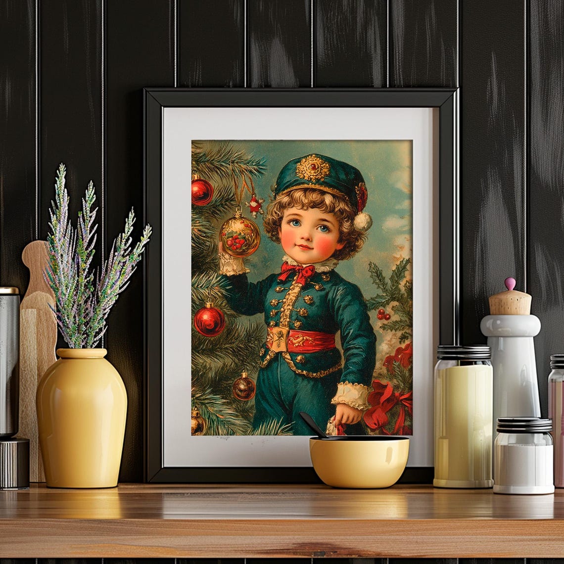 Vintage Christmas Boy Decorating Tree Antique Style Painting Poster - Image 5