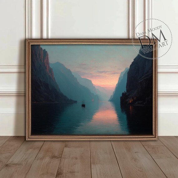 Norwegian Fjord Sunset Pink Sky Mountain Water Landscape Poster