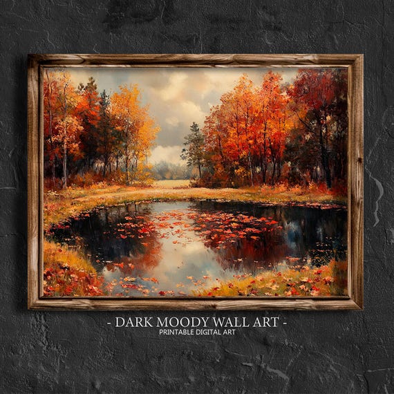 Dark Moody Fall Forest Art Print, Vintage Autumn