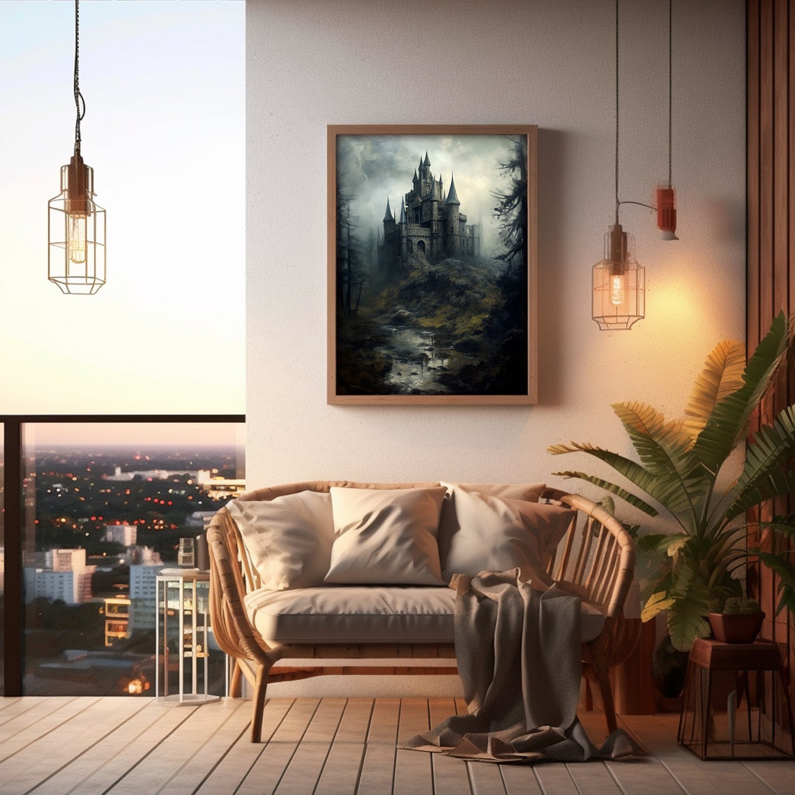 Dark Gothic Castle on a Misty Hill Moody Medieval Landscape Art Poster - Image 2