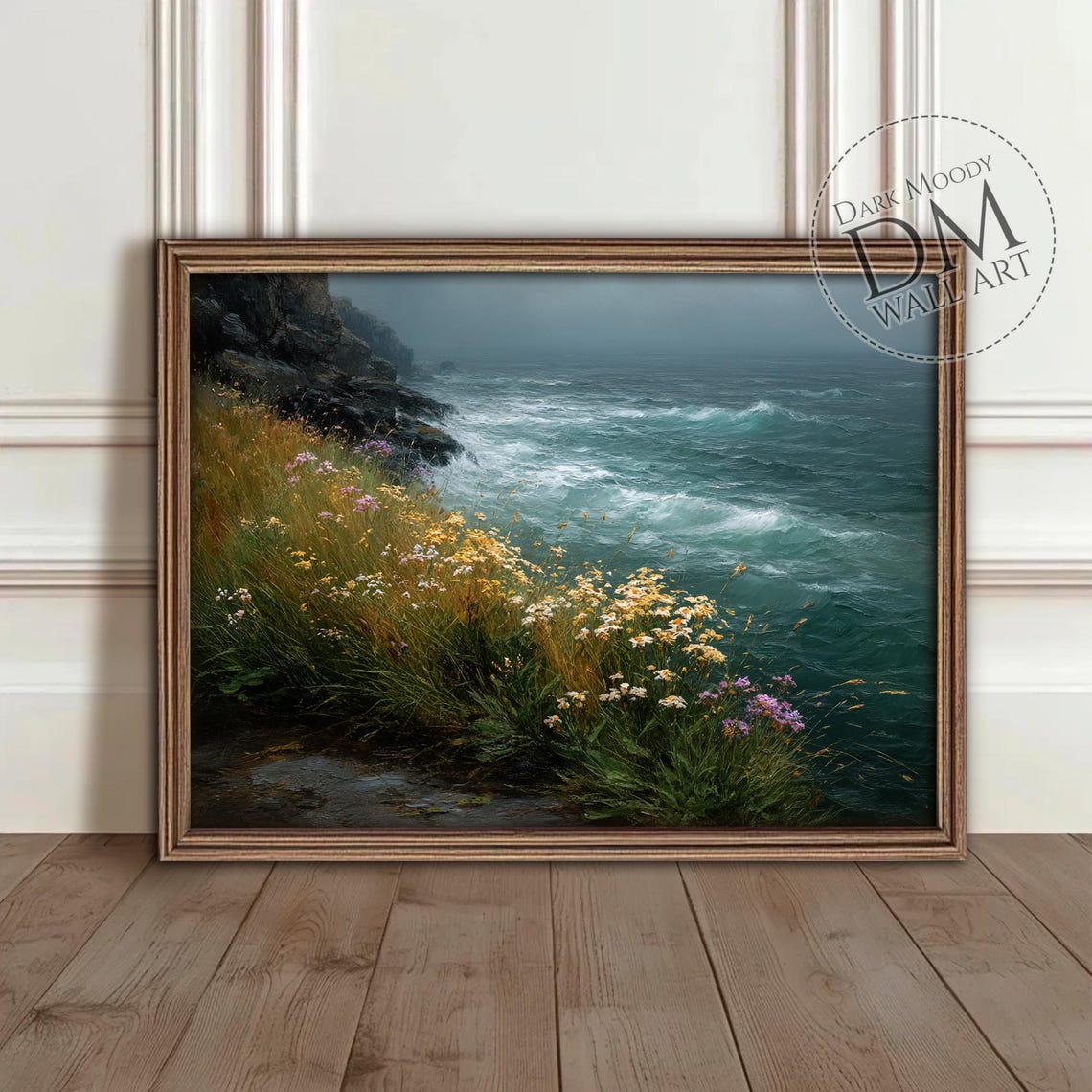 Irish Coastal Wildflowers Rocky Cliffs Moody Ocean Vintage Wall Art