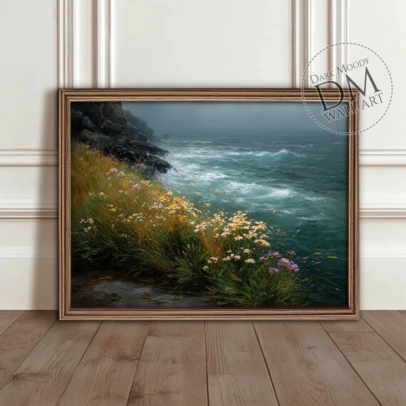 Irish Coastal Wildflowers Rocky Cliffs Moody Ocean Vintage Wall Art