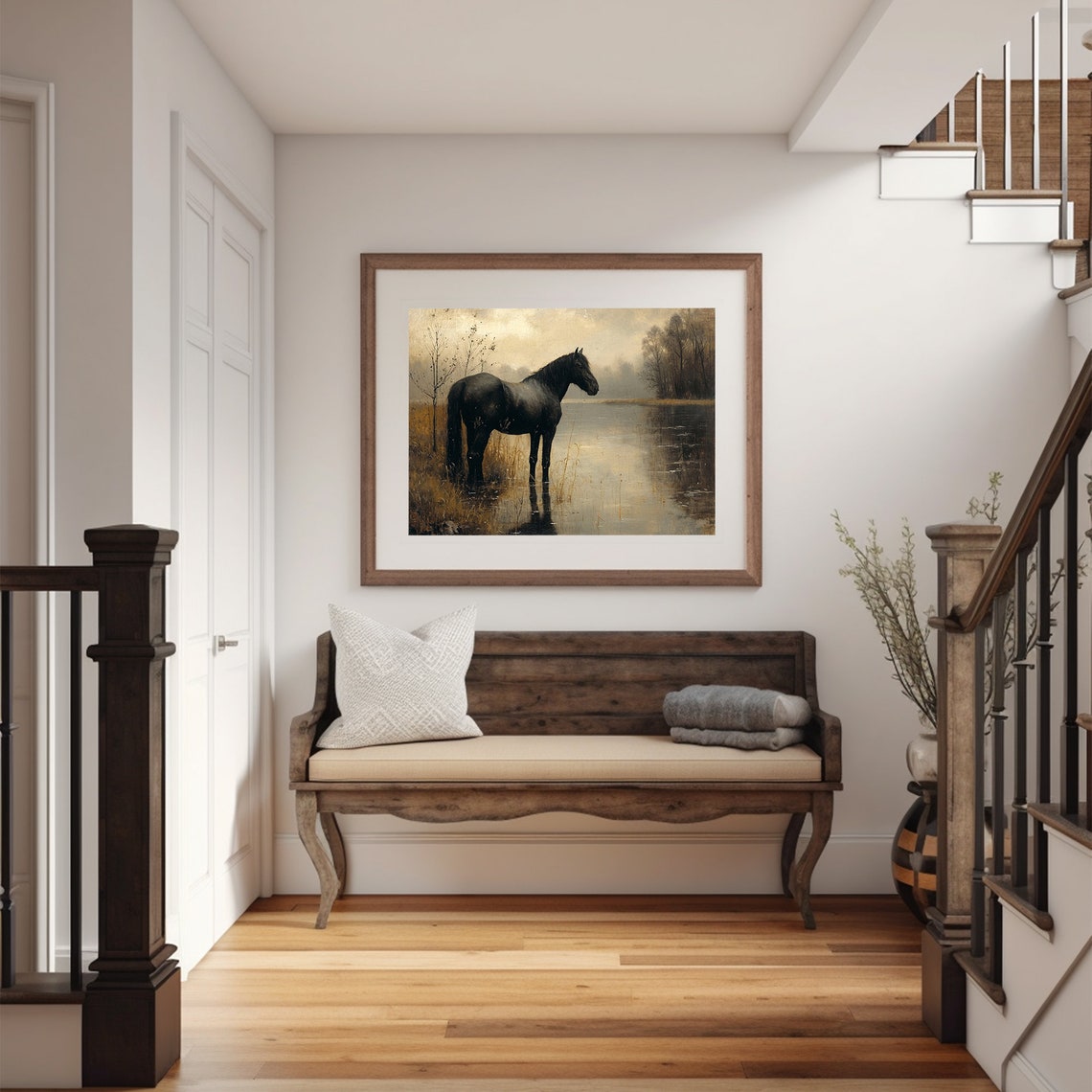 Black Horse Standing In Marsh Water Dark Moody Equine Painting Poster - Image 6