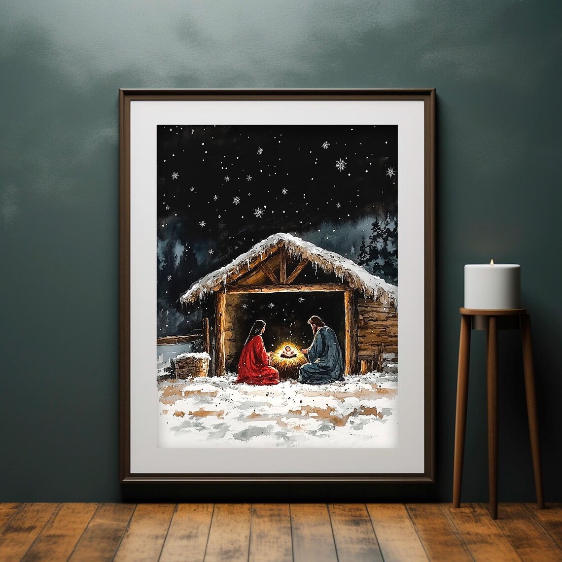 Snowy Night Nativity Scene Mary Joseph Manger Vintage Poster - Image 4