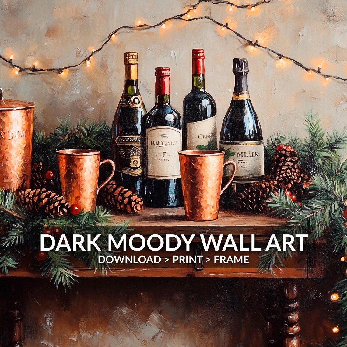 Cozy Copper Mugs and Wine Bottles on Christmas Bar Cart Wall Art - Image 2