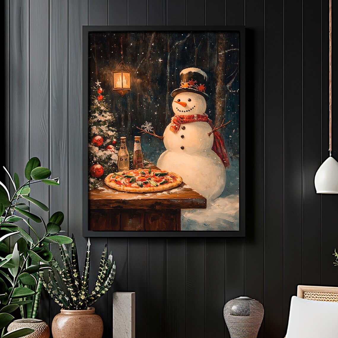 Snowman With Pizza Print, Vintage Christmas Art - Image 6