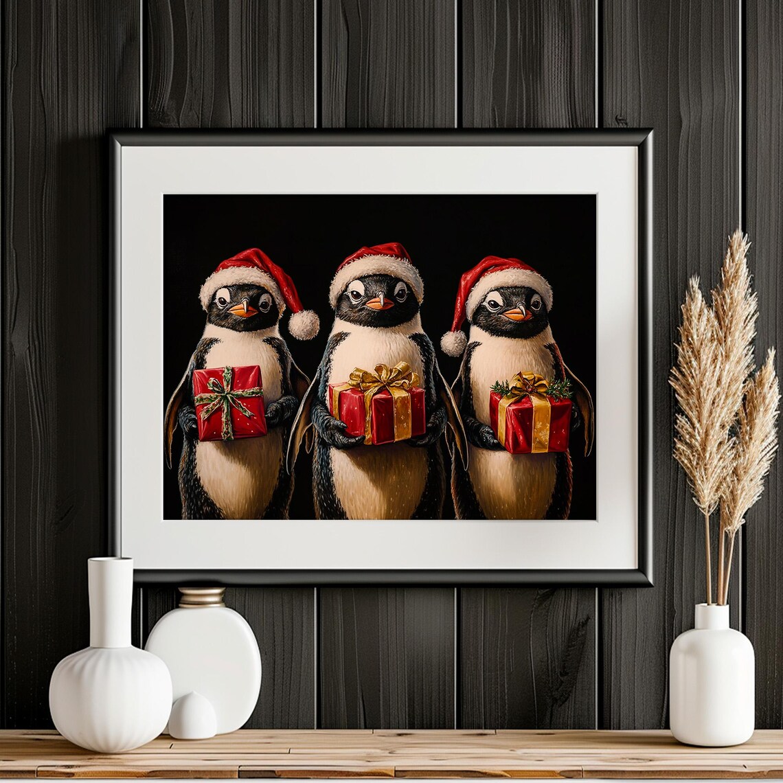Penguins in Santa Hats Holding Gifts Vintage Christmas Poster - Image 2